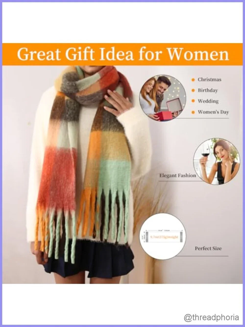 Oversized Plaid Scarf for Women with Tassels - Soft Acrylic Cashmere Feel